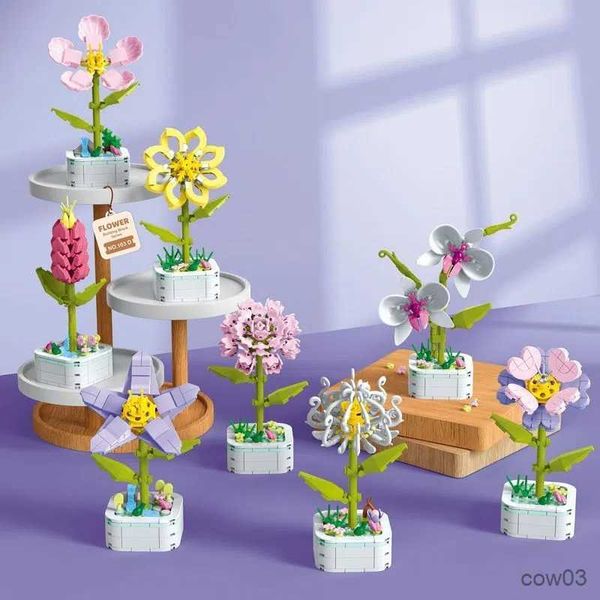 Blocchi Bouquet di rose Orchidea Bellissimi fiori Piante grasse Blocchi da costruzione in vaso Assemblaggio romantico Giocattolo da costruzione Regalo per ragazza R230720