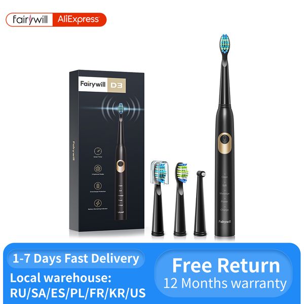 Escova de dentes Fairywill escova de dentes elétrica Sonic D3 USB Charge escovas de dentes à prova d'água 3 cabeças de escova 1 escova interdental indicador de bateria fraca 230718