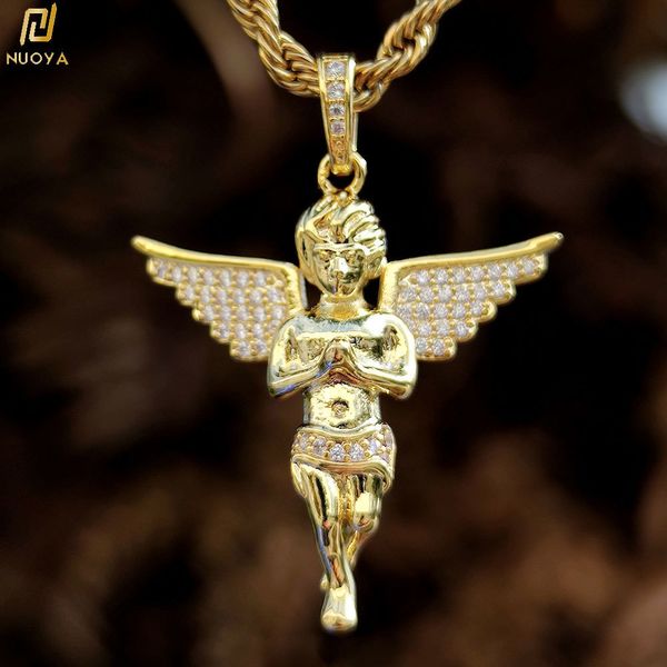 Colares com Pingente Colar Estilo Hip Hop Para Homens Asas de Anjo Pequeno Homem Dourado Pingente Iced Out CZ Charm Jóias 230718