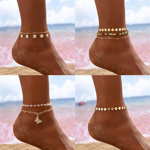Tornozeleira fina sexy cor de ouro pulseira de tornozelo para mulheres sandálias de pés descalços joias para pé corrente de perna em pingente de coração de borboleta