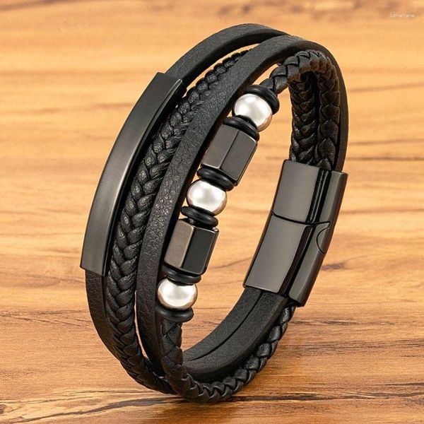 Charm Armbänder Mode Edelstahl Perlen Lederarmband Männer Klassische Mehrschichtige Armreifen Für Magnetverschluss Schmuck Geschenk