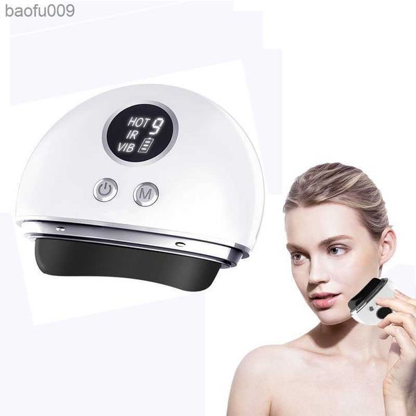 Smart Facial Bianstone Vibration Massager Guasha Board LED Riscaldamento Piastra raschiante Face Lifting Dispositivo dimagrante L230520