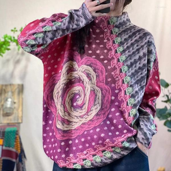 Kadın Sweaters Kalın Sanat Vintage İmitasyon Kadın Sonbahar Kış Yarım Yaka Çiçekleri Baskılı Gevşek Küleyler Örme Tops Tide