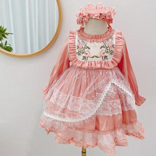 Vestidos para meninas bebê vintage bordado espanhol vestido princesa infantil casual rosa renda costura vestido de baile vestido de baile