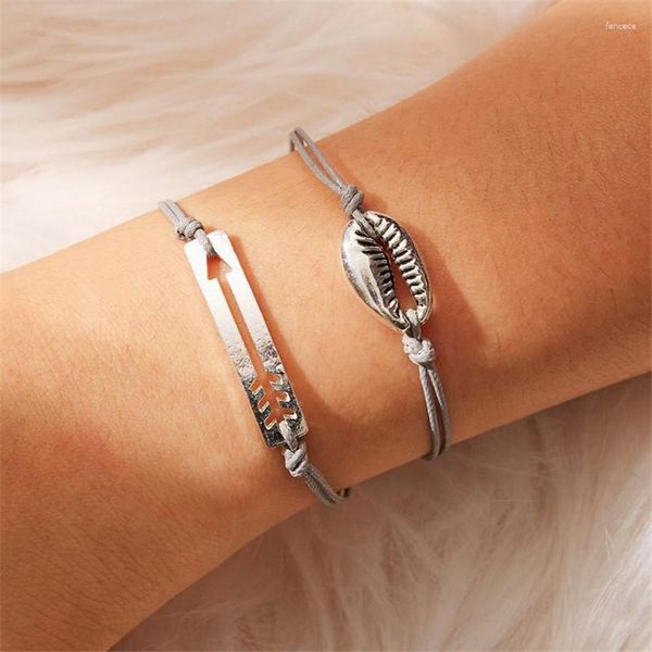 Link Armbänder Bohemian Silber Farbe Muschel Pfeil Armband 2-teiliges Set Geflochtenes Seil Verstellbare Handkette Kreativer Damen Partyschmuck