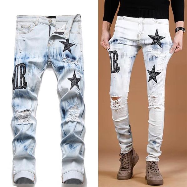Jeans da motociclista taglia grande 38 per uomo Pantaloni in denim con lavaggio distrutto Slim Fit da uomo2150