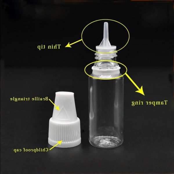 Nuovi flaconi di plastica FDA Clear 10ml Flaconi contagocce vuoti E liquidi con triangoli Tappi antimanomissione a prova di bambino Punte dell'ago Olio EJUICE 10ml Nijjv