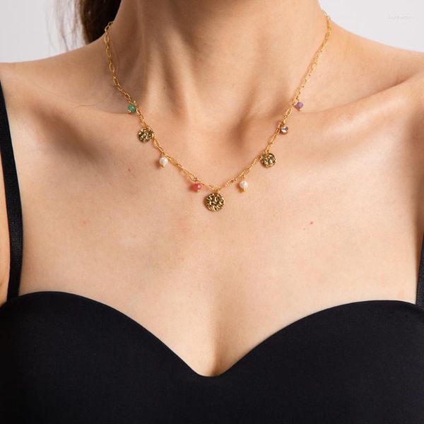 Anhänger-Halsketten, Minar, handgefertigt, bunter Naturstein, simulierte Perlenkette, Damen-Halskette, 18 Karat Gold, PVD-plattierter Titanstahl, Lava-Münze