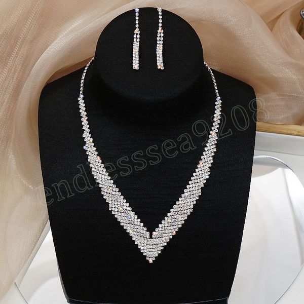 Charm-Brautschmuck-Sets für Frauen, Strasssteine, V-Form, Halsband, Halskette, Ohrringe, Mode, Abschlussball, Hochzeit, Schmuck, Geschenkset