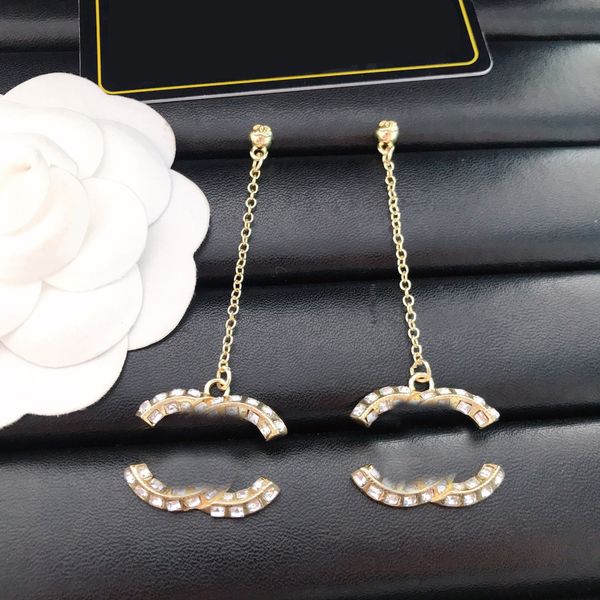 Banhado a ouro 18K Marca de luxo C Designers Brinco com letras de zircônio Longo Eardrop Geométrico Clássico Feminino S925 Prata Cristal Brinco com strass Joias para festa de casamento