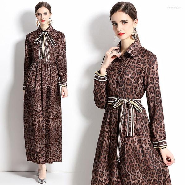 Vestidos Casuais Ocidente Trendy Run Way Vestido Longo Elegante Leopard Prientd Big Swing Robe Manga Completo Todos Combinam Único Seios Lazer