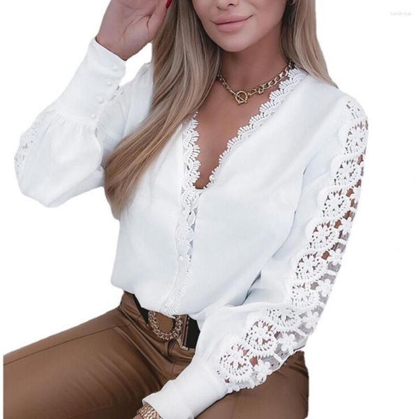 Blusas femininas de cor sólida Blusas elegantes com renda costurada decote em V com botões de pérola falsa punhos elegantes