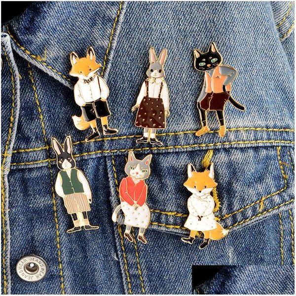 Alfinetes broches Mr Ms Gentleman Lady Cat Rabbit Fox Broche Pin Denim Animal Jacket Fivela Camisa Distintivo Amantes Jóias Presente Para Casais Dhd6N