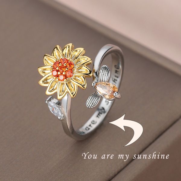 Anéis de banda Qitian Presentes de Dia dos Namorados Girassol Fidget Ring Ajustável Girar Para Mulheres Presente de Aniversário You are my Sunshine Jewelry 230718