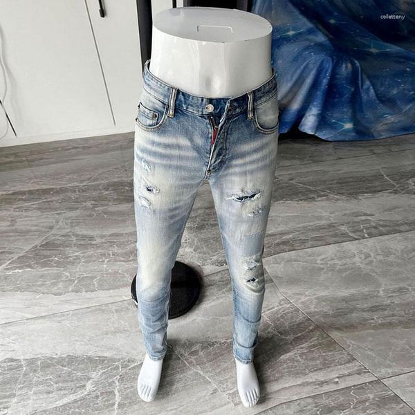 Jeans Masculino Estilo Italiano Moda Masculino Alta Qualidade Retro Azul Claro Elástico Magro Rasgado Vintage Marca Marca Calças Hombre