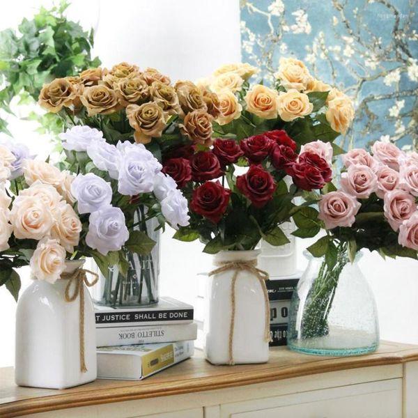 Flores decorativas 10 pçs Real Touch Roses Seda Artificial Rosa Empoeirada Branco Borgonha Lilás Casamento Decorações para Casa Peças Centrais