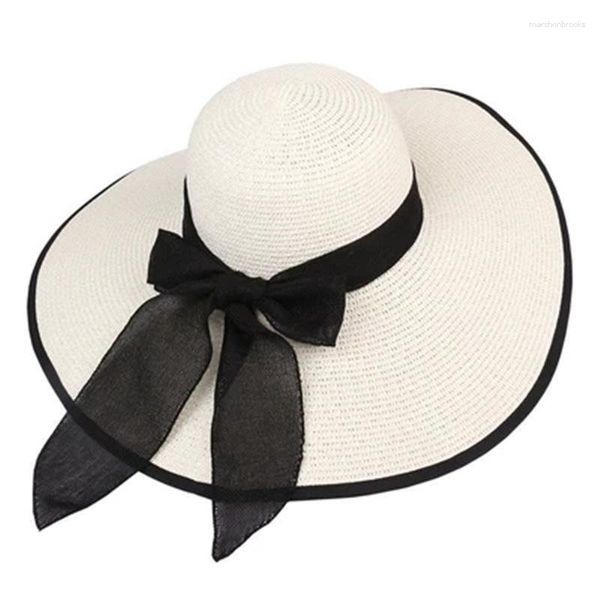 Berets Summer Strape Hat Bow лента Big Brimmed Женский богемный стиль приморский приморский оттенок солнца Элегантная мода