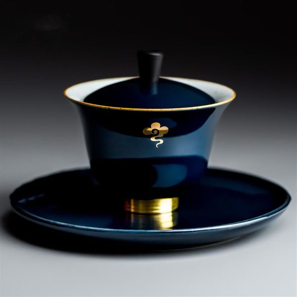 Azul Gaiwan porcelana tradicional terrina de chá xícaras de chá branco Jingdezhen conjunto de chá chinês tampa xícaras pires tampa de utensílios de chá tigela246O
