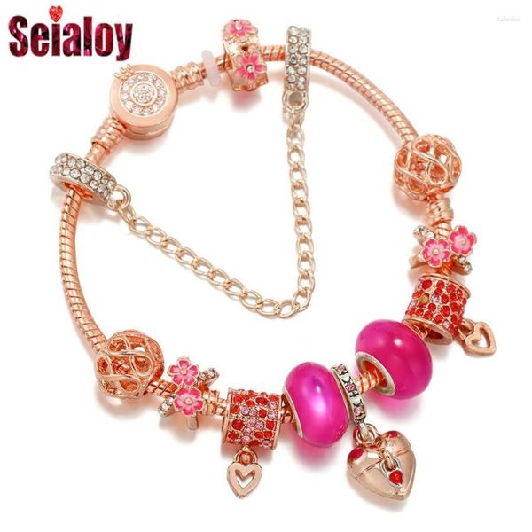 Charm Bracelets Seialoy Rose Gold Color Heart Flower Beads para mujeres DIY Pink Bead Accesorios