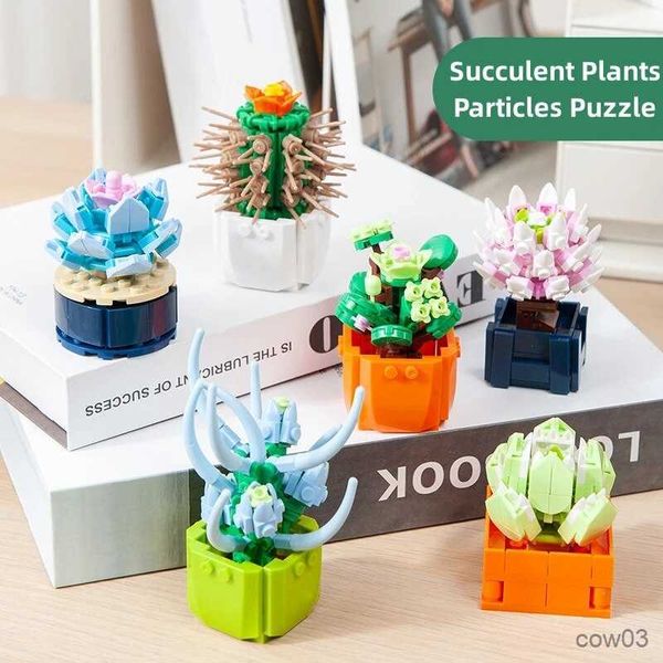 Blocos Mini Suculento Bloco de Construção DIY Pequenas Partículas Quebra-Cabeça Planta Vaso de Flores Decoração de Casa Brinquedo Educativo Crianças Presente de Aniversário R230720