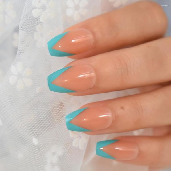 Unhas Postiças Azul Brilhante Bailarina Francesa Press On Coffin Gel Liso Nude Médio Longo Unhas Falsas Cola Grátis Adesivo