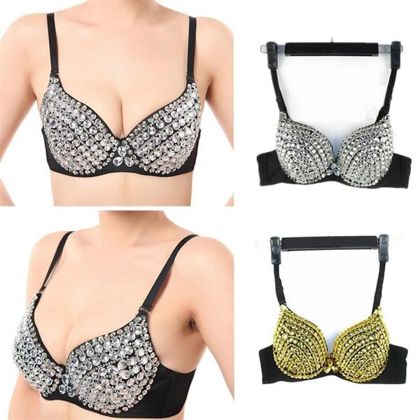 Sutiã feminino sexy de alta qualidade push up luxuoso com strass e lantejoulas sutiã feminino prata dourado punk cravejado dança esponja para festa265C