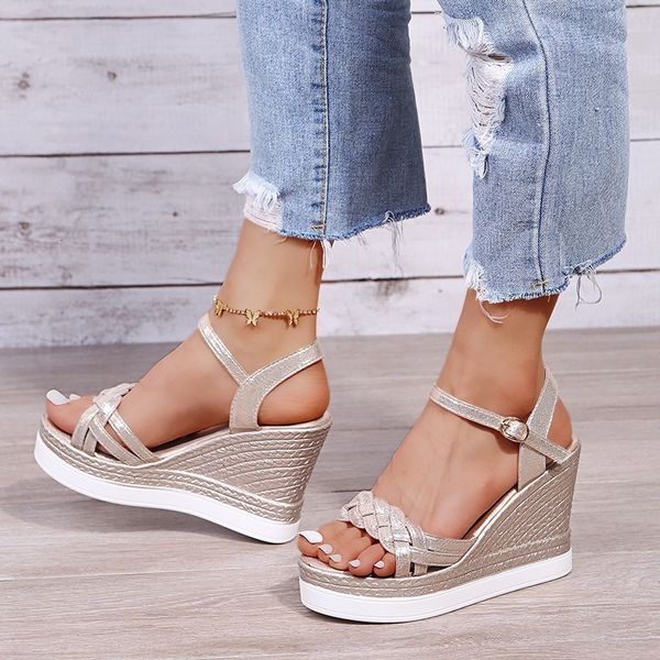 Sandalias para mujer Plataforma de tacón alto de cuña de verano con suela gruesa abierta Zapatos casuales Oro Plata Rosa 230719