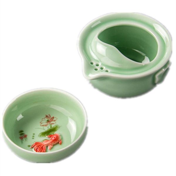 Set da tè portatile in ceramica Pesce d'oro Viaggio 1 pentola 1 tazza Zuppiera da tè Porcellana Porcellana Gaiwan ceramica255t