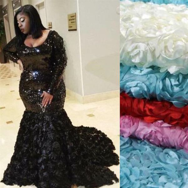 Glitzerndes schwarzes Meerjungfrau-Abschlussballkleid mit langen Ärmeln, Übergröße, Kleid für besondere Anlässe, glitzernde Pailletten, 3D-Blumenapplikationen, Abendparty256f