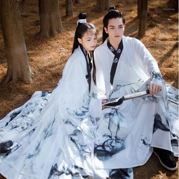 Tradicional branco Hanfu para homens e mulheres impressão de tinta dança folclórica chinesa antiga dinastia roupas casal fada Hanfu vestido BL40351248Y