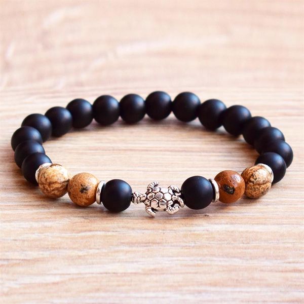 MG0785 Braccialetto con ciondolo tartaruga di nuovo design Bracciale con diaspro con immagine naturale Bracciale Mala da polso con perline in onice nero opaco233k