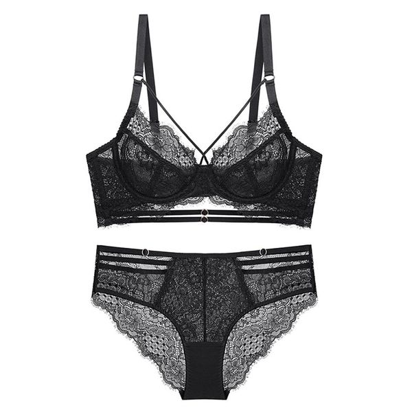 Conjunto de calcinha e sutiã transparente ultrafino de renda sexy com pedras push up sutiã bandagem lingerie feminina A B C D Cup 2020 novo Y225Z