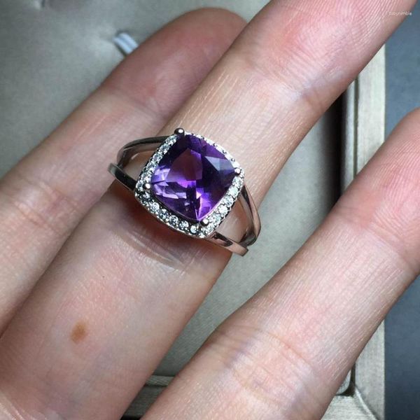 Cluster Ringe Natürliche Amethyst Edelstein Ring S925 Silber Kristall Stilvolle Luxus Quadrat Kissen Mädchen Frauen Geschenk Edlen Schmuck