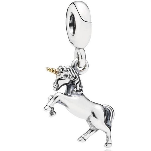 Pingente de alta qualidade real s925 prata esterlina unicórnio cavalo pendurado pingente apto para pandora pulseira diy talão charme com placa de ouro282q