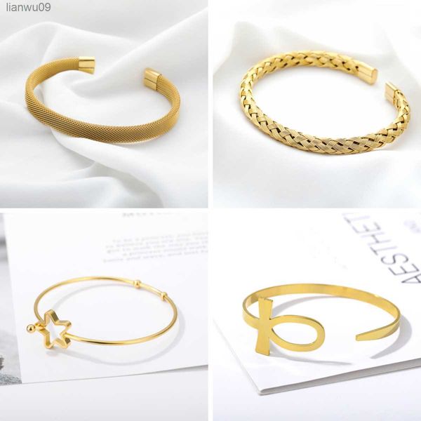 Neue Edelstahl Reales Gold Überzogene Plaid Textur Einstellbare Schlange Gold Armreif Für Frau Manschette Armbänder Für Frauen Dropshipping L230704