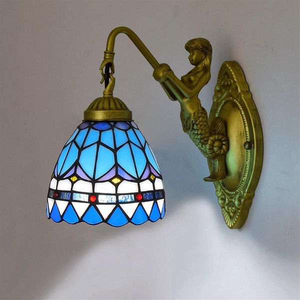 Lampada da parete Tiffany Vetrata del Mar Mediterraneo Sirena Applique da parete Comodino Apparecchi per specchi da bagno E27 AC110-240V269O