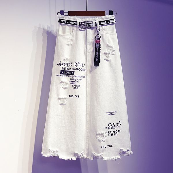 Юбки женские юбки белые джинсовые джинсовые юбки печатные буквы в корейском стиле модная дыра негабаритная плюс размером женская 230720