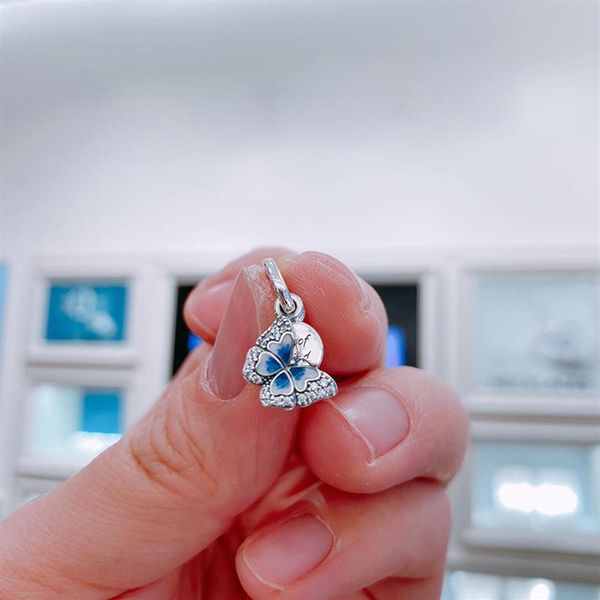 100% argento sterling 925 farfalla blu citazione doppia perlina ciondola adatta per braccialetti con ciondoli gioielli Pandora europei286k
