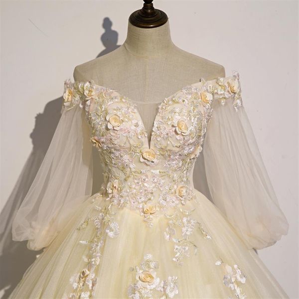 fleur jaune clair broderie robe de bal reine robe médiévale robe Renaissance robe royale victorienne robe princesse cosplay Ball254l