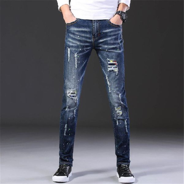 2020 Mode Lässige Jeans Herren Gerade Stretch Dot Craft Little Feet Skinny Jens Männer Scratched Blue Hole Denim Tide Hosen ES686266e