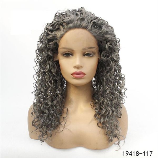 Parrucca frontale in pizzo sintetico riccio afro crespo grigio scuro simulazione parrucche frontali in pizzo per capelli umani 14-26 pollici parrucche per donne 19418-117191x