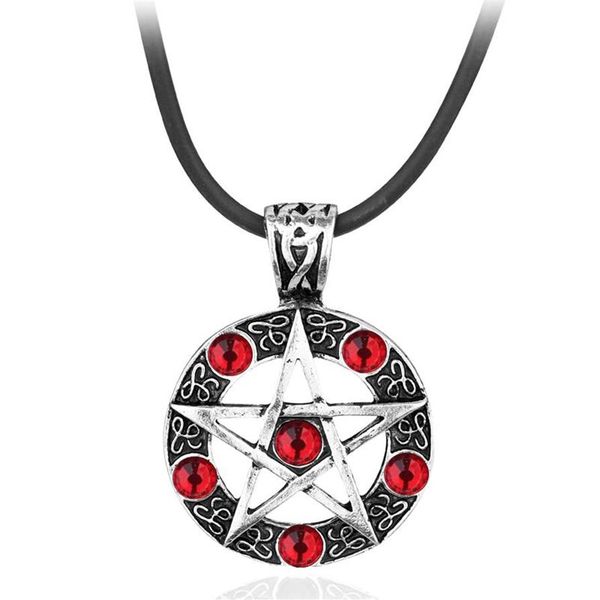 Anhänger Halsketten Supernatural Serie Pentagramm Halskette mit Seilkette Dean Winchester Stern versilbert roter Kristall Schmuck262D