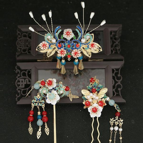 Antike Platte Haar Haarnadel Prinzessin Haar Zubehör Traditionelle Quaste Stick Kopf Schmuck Chinesische Braut Hochzeit Kopfschmuck Set2648