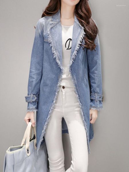 Frauen Trenchcoats Frühling Herbst Denim Mantel Frauen Mode Revers Spitze-up Lange Jacke Weibliche Casual Einfarbig Jean outwear