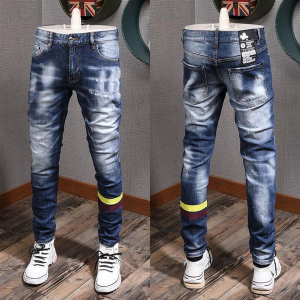 Patch Distressed Light Blue Jeans Cool Guy Fit Gelb gestreift Slim Fit Denim Hose Men230Q