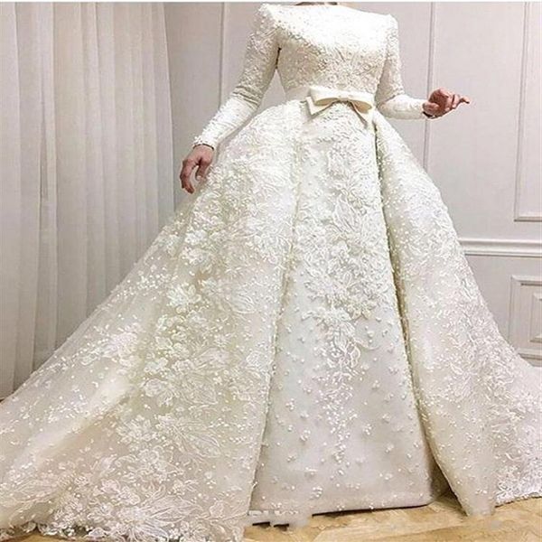 2019 Vestidos de Noiva Muçulmanos Modestos Manga Longa Rendas Apliques Frisados Vestidos de Noiva com Sobressaia Vestidos de Noiva Tamanho Grande276c