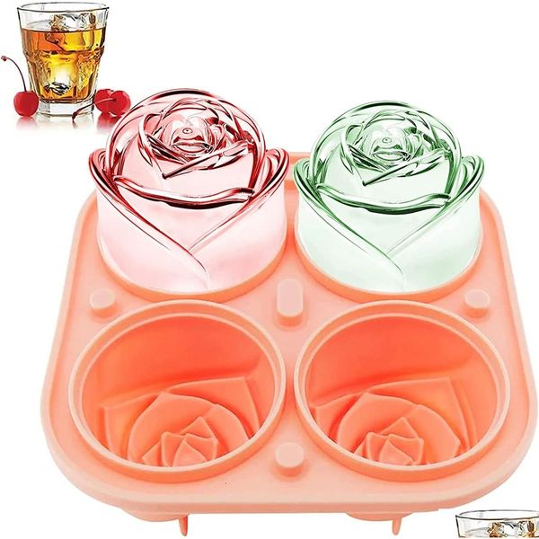 Eiscreme-Werkzeuge, 3D-Rosenformen, 2,5 Zoll große Würfelschalen, machen 4 NT, niedliche Blumenform, Sile-Gummi, Spaß, großer Ball-Maker, Drop-Lieferung, Hom Dh6Dr