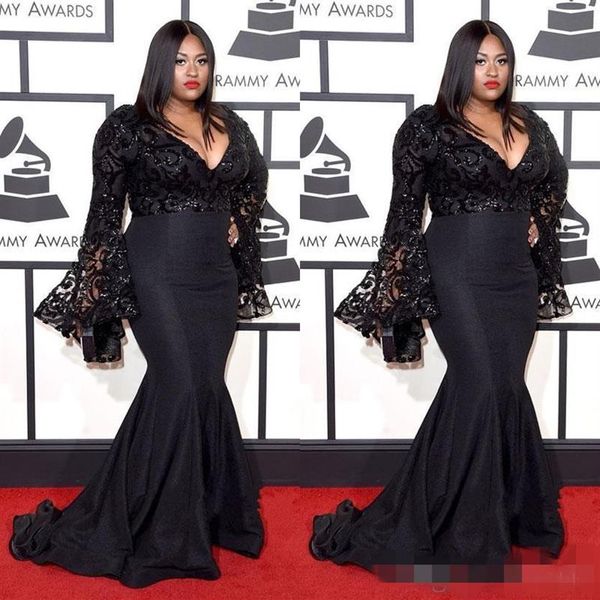 Grammy Awards Promi-Abendkleider in Übergröße mit langen Ärmeln, Jazmine Sullivan, Pailletten-Abschlussballkleider, schwarzes Spitzen-Meerjungfrau-Abendkleid273V