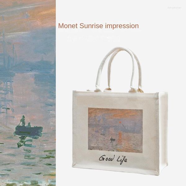 Borse da sera Monet Sunrise Impression Pittura a olio Borsa di tela Studentesse Libri A4 Ragazze Pendolarismo Tote tridimensionale