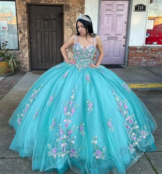 Çiçekler mavi pembe eksiklik spagetti quinceanera tatlı 16 elbise balo elbisesi prenses doğum günü önlükleri dantel yukarı vestidos de bal s